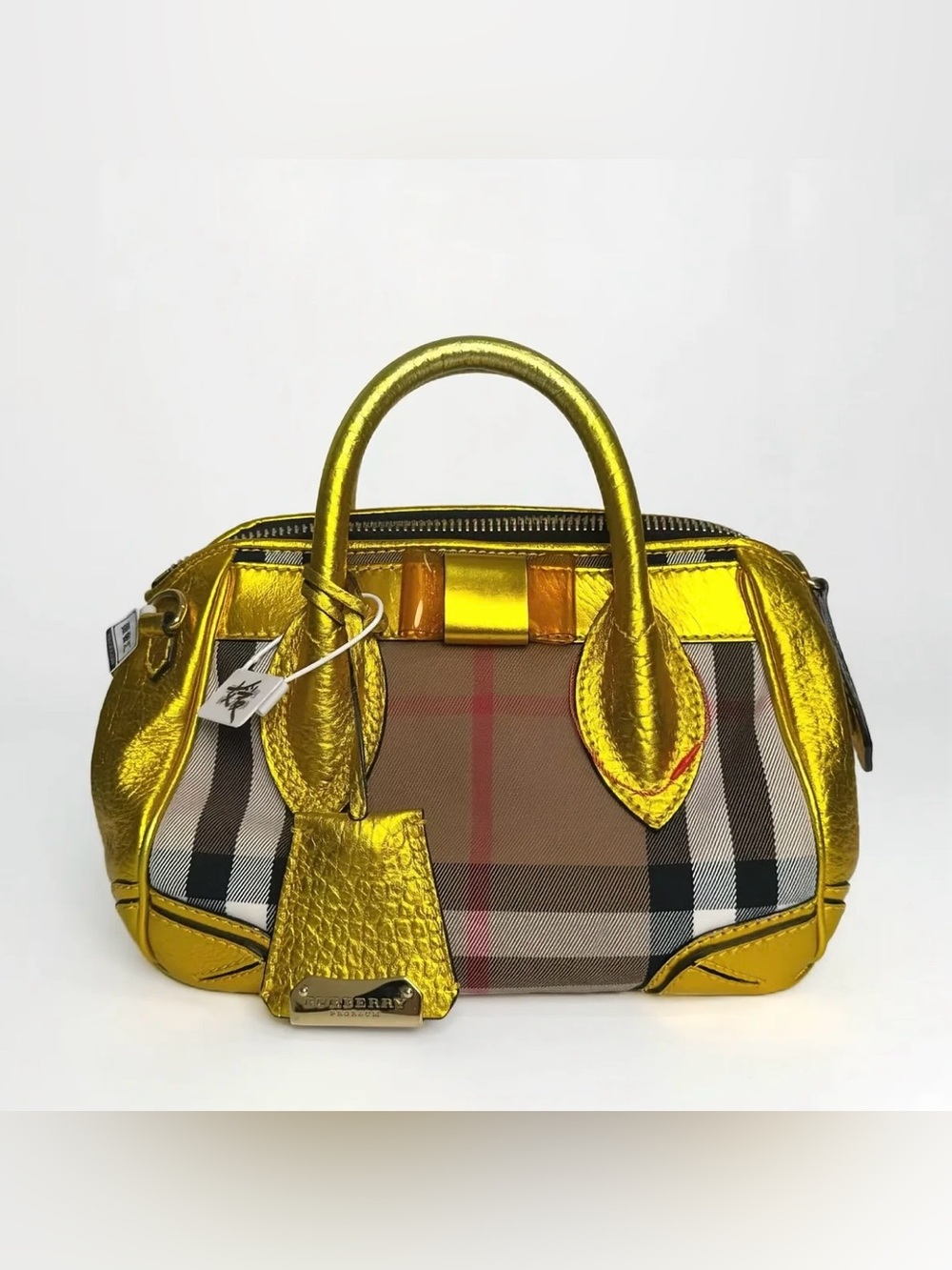 Burberry Vintage Blaze Metallic Gold Leather Plaid Satchel with COA, lock & key